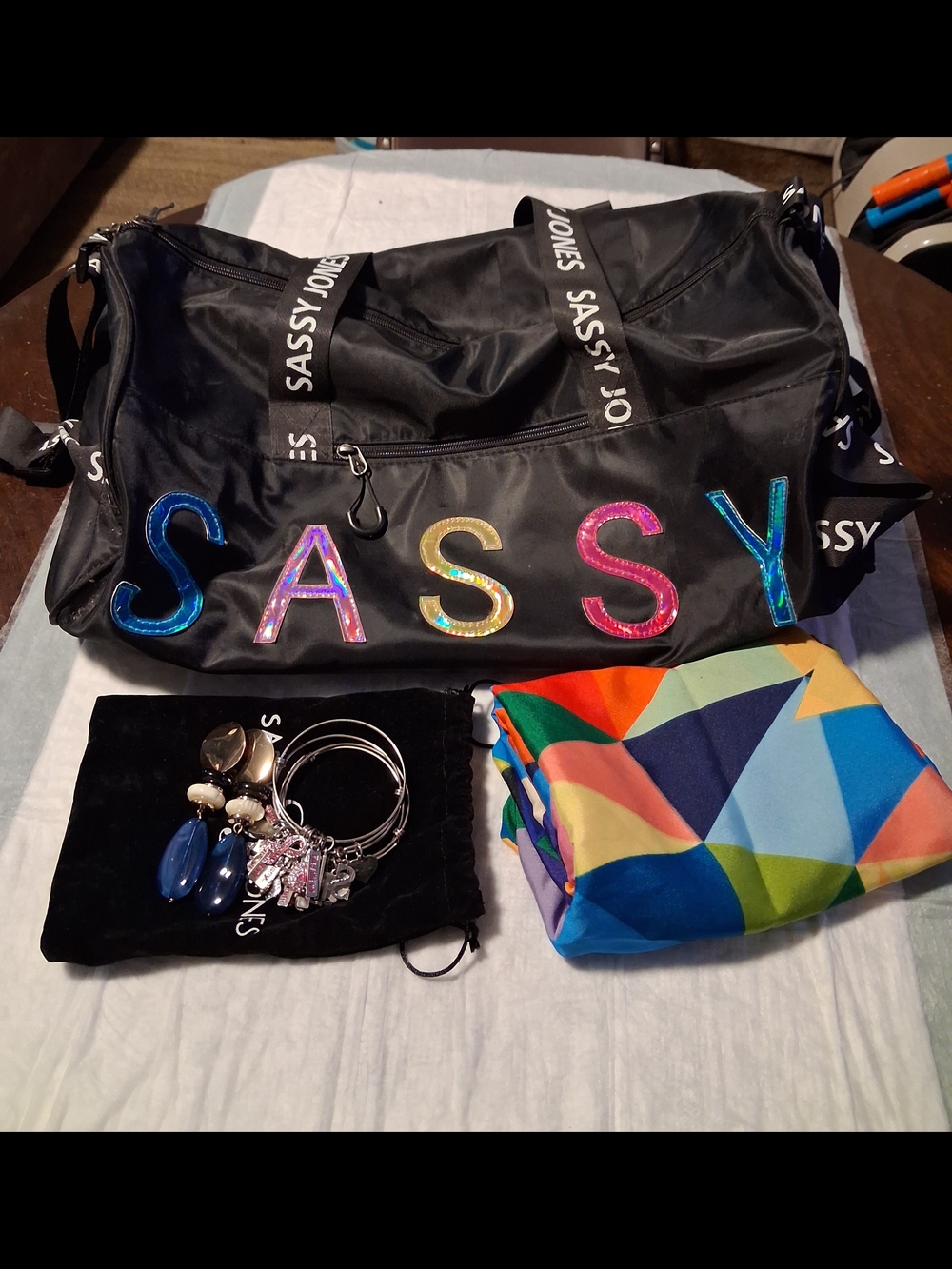 Sassy Jones Black Weekender Bag with Rainbow Lettering Combo Set